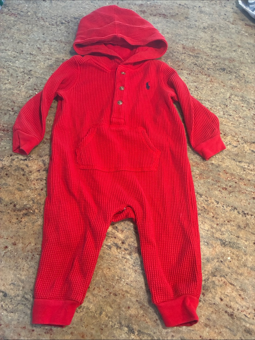 Ralph Lauren Red Hooded Waffle-Knit Baby Romper, Size: 6 months